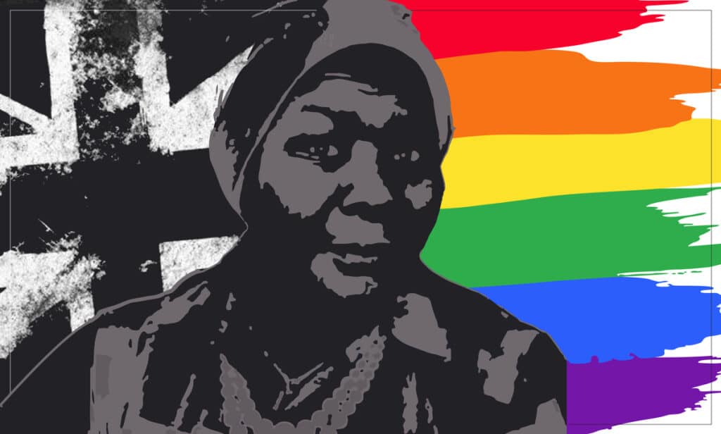 An illustration of Pearl Alcock in front of a black and white Union Jack, and a rainbow Pride flag