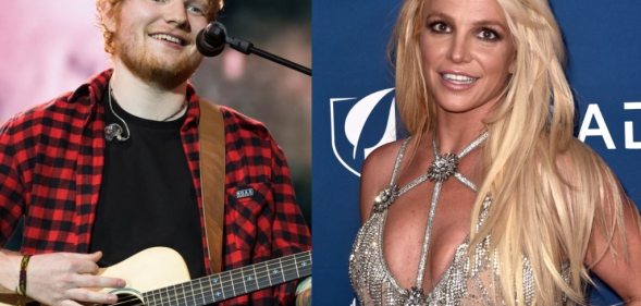 Ed Sheeran performing on stage at Glastonbury and Britney Spears at the GLAAD Awards