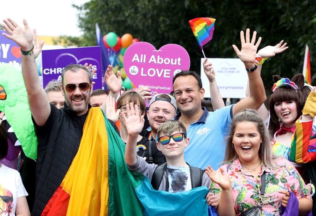 Leo Varadkar (CR) joins members of the LGBT+ community at Belfast Pride in 2019.