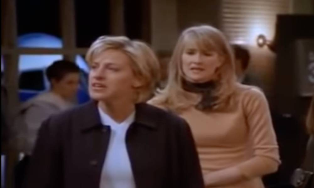 A still from the sitcom Ellen in which the main character comes out publicly to her love interest