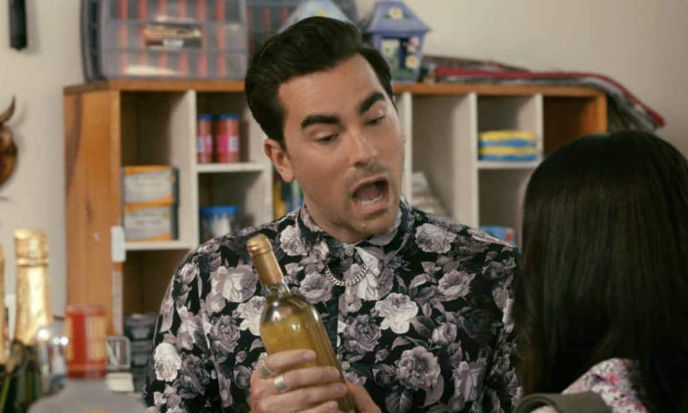 A still image from Schitt's Creek where David Rose uses wine to explain his sexuality to another character