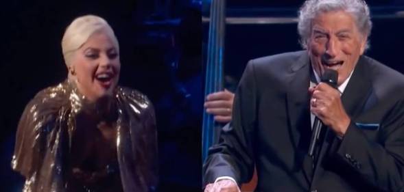 a side by side image of Lady Gaga and Tony Bennett onstage