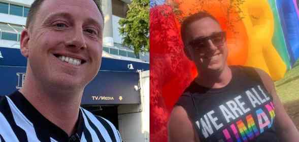 WWE referee Shawn Bennett side by side images one with him in a referee's uniform and the an LGBT+ themed shirt