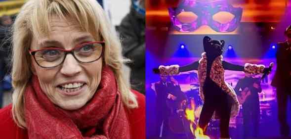 A side by side image of Finnish MP Päivi Räsänen and her appearance on the Masked Singer Suomi