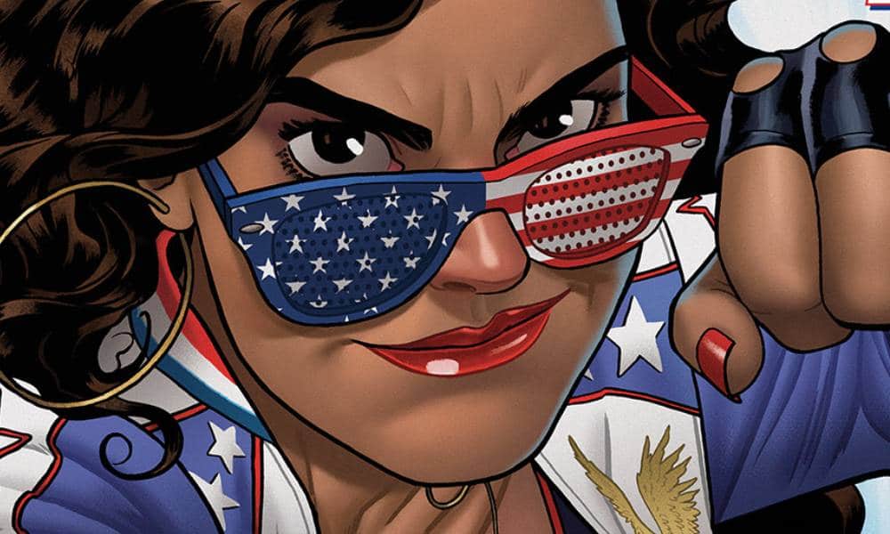 Miss America aka America Chavez is seen decked out in red, white and blue apparel while punching an unseen foe