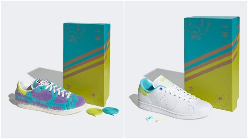 The collection features reimagined Stan Smith trainers inspired by Monsters, Inc. characters. 