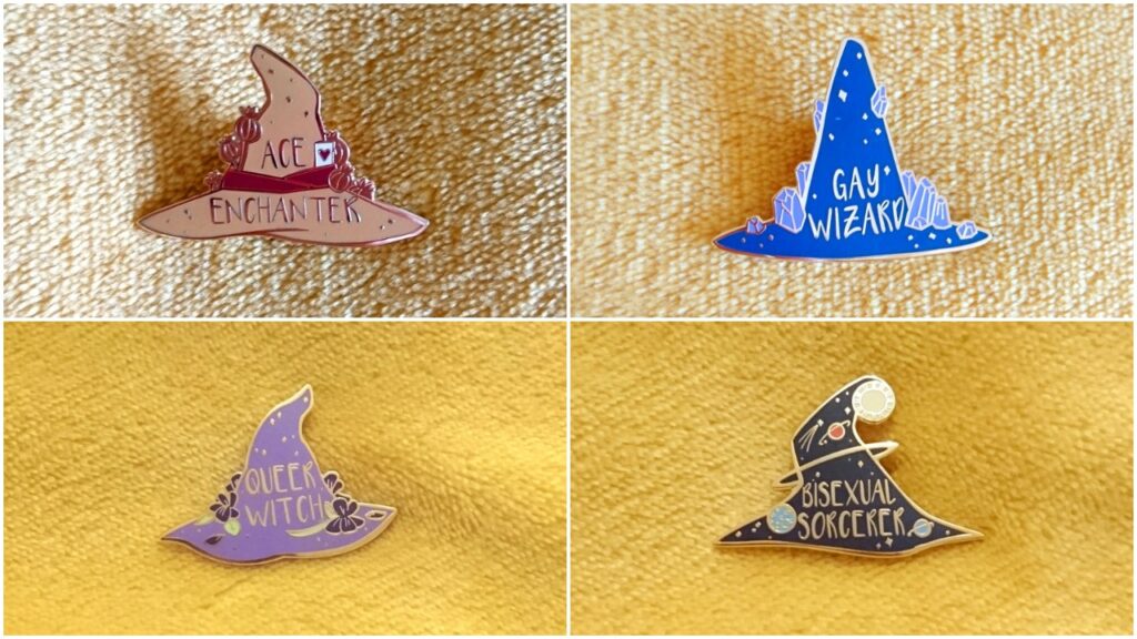 A collection of witch's hat pins. 