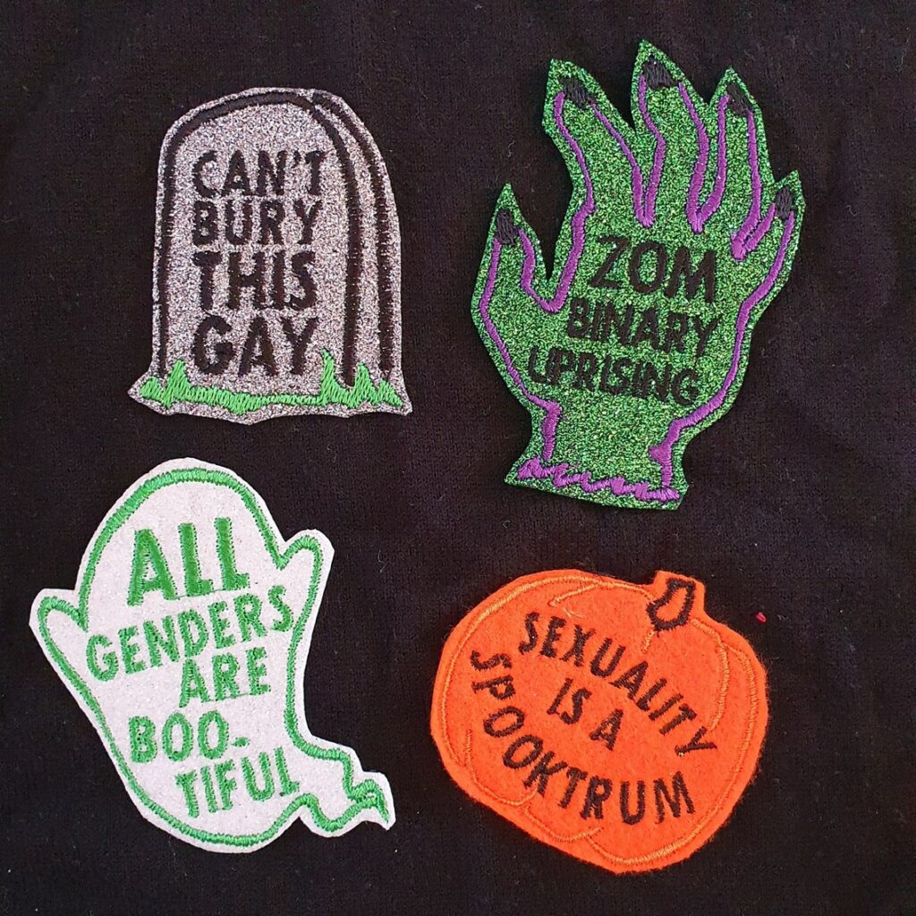 These patches are Halloween and LGBT+ themed. 