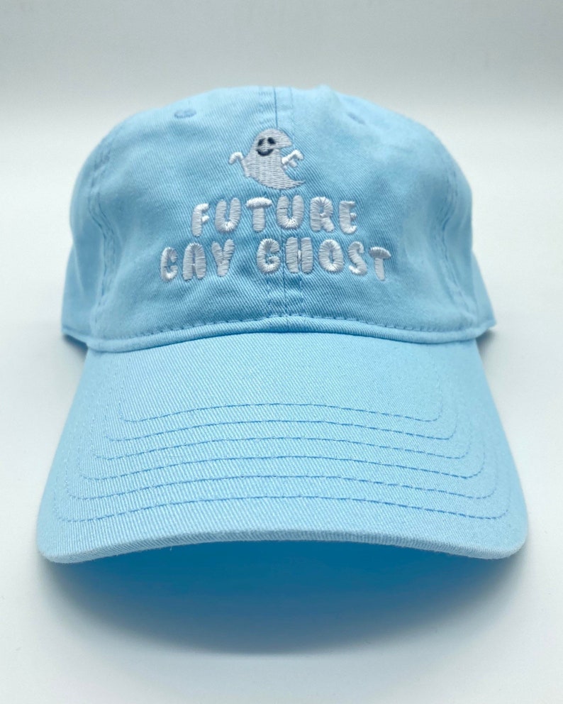 This baby blue dad hat features the embroidery "Future Gay Ghost". 