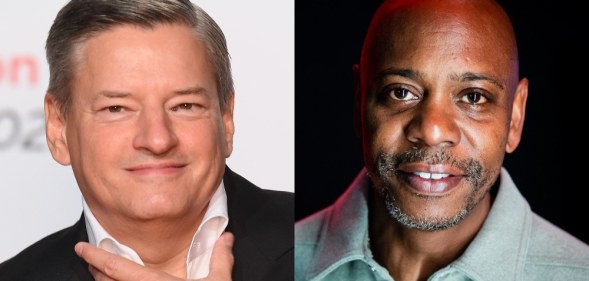 Headshots of Ted Sarandos and Dave Chappelle