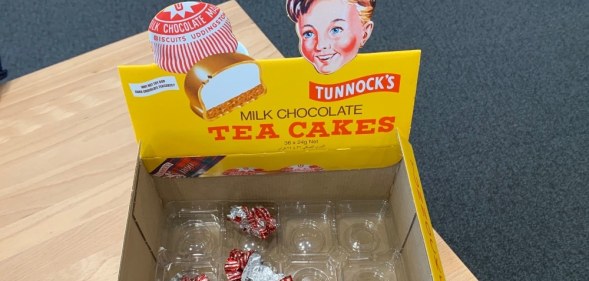 Tunnock's box with wrappers inside