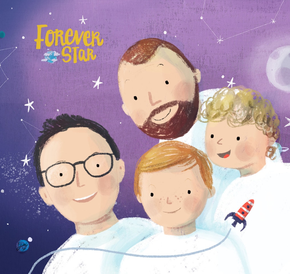 An illustration of gay dads in Gareth Peter's book Forever Star