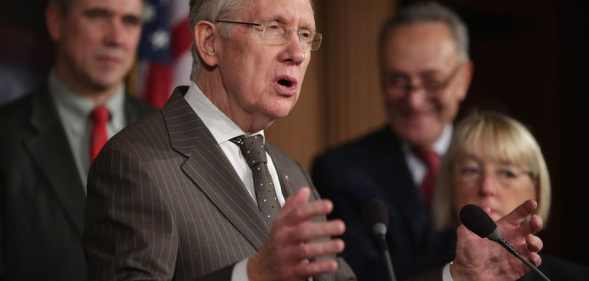 Senate Majority Leader Harry Reid speaks during a news conference on the Employment Non-Discrimination Act