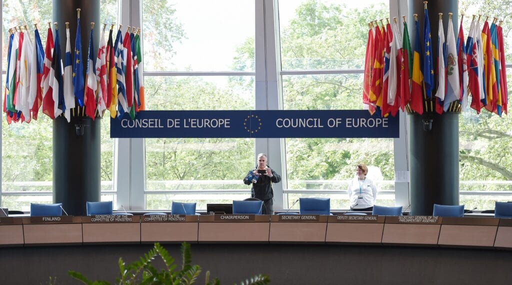 People visit the Committee of Ministers meeting room during the open day marking the 70th Anniversary of the Council of Europe