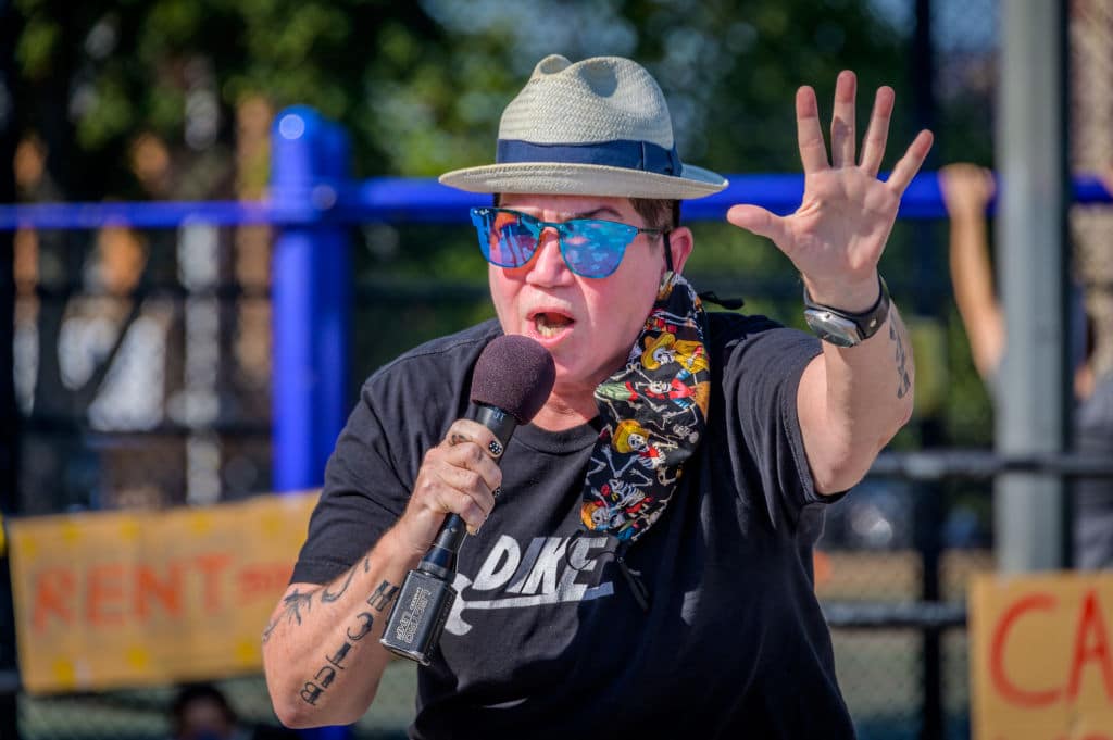 Lea DeLaria speaks at a rally and march in the streets of Bushwick demanding the city administration to cancel rent immediately as the financial situation for many New Yorkers remains the same, strapped for cash and out of work. 