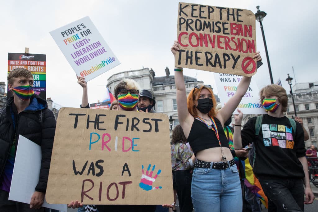Thousands of LGBTI+ protesters pass through Trafalgar Square on the first-ever Reclaim Pride march on 24th July 2021 in London, United Kingdom. 