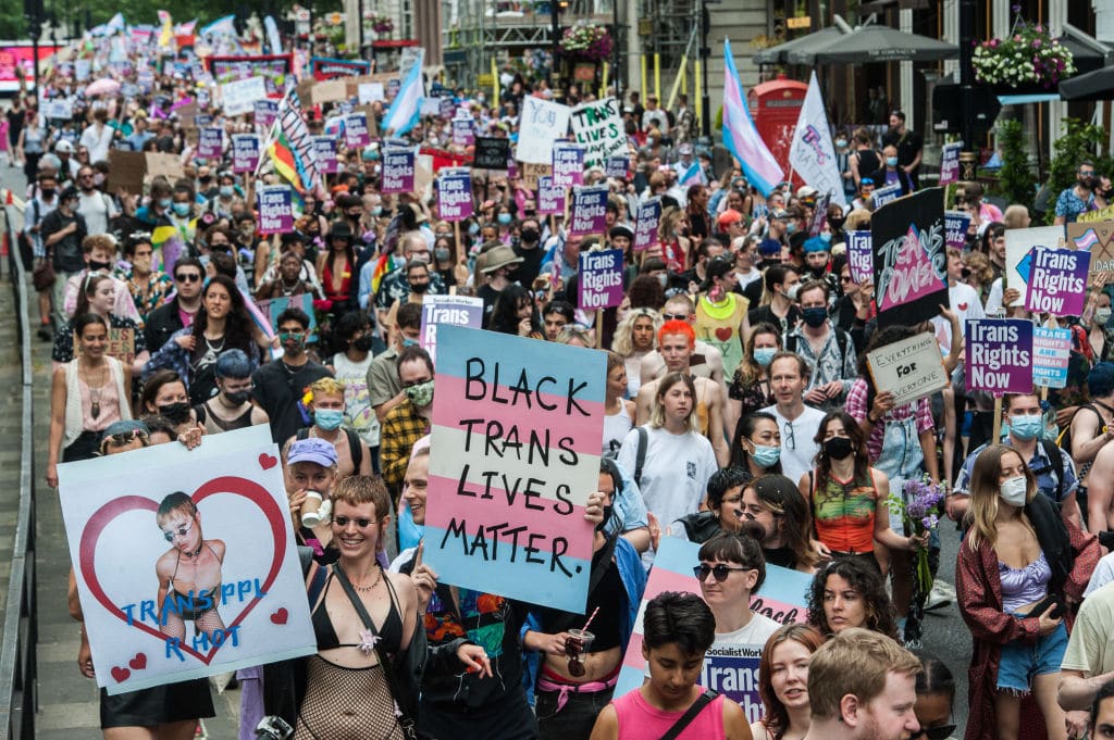 The protest proceeds down Piccadilly as thousands attend the third Trans Pride march on June 26, 2021 in London, England.