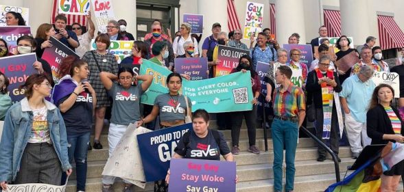 Metropolitan Community Church members and clergy protest the 'Don't Say Gay' bill outside the Florida State Capitol