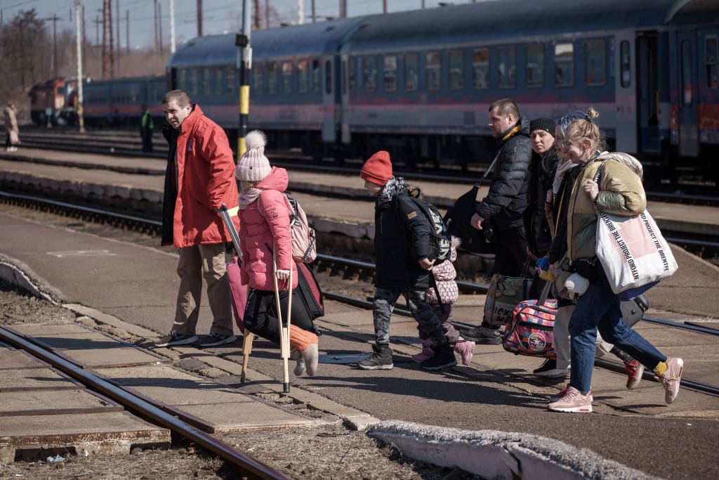 Refugees fleeing Ukraine arrive into Hungary at Zahony train station on March 14, 2022 in Zahony, Hungary. 