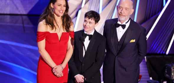 Jennifer Garner, Elliot Page, and J.K. Simmons speak onstage during the 94th Annual Academy Awards.