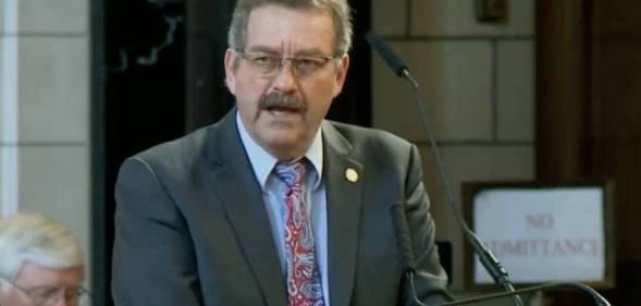 Nebraska senator Bruce Bostelman speaks before other lawmakers about alleged reports of schools accommodating students who identify as animals by putting litter boxes in bathrooms for furries