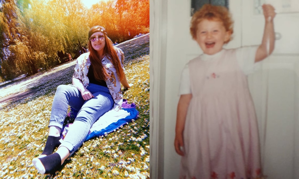 Side-by-side shot of Sophie Perry, present day, and herself as a child 