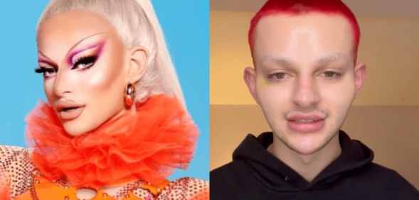 On the left: Promotional picture of Krystal Versace in drag. On the right: Krystal Versace, out of drag, talks to the camera