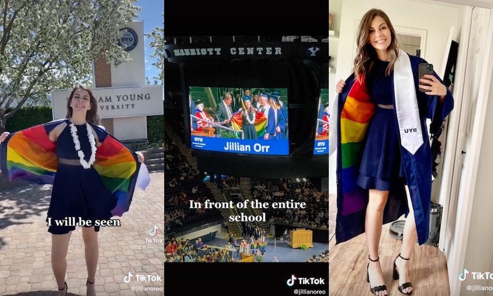 Mormon university student flashes rainbow flag while graduating