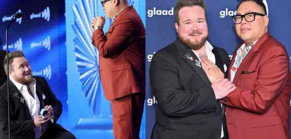 Zeke Smith gets down on one knee to propose to boyfriend Nico Santos and in the next picture Zeke and Nico hug each other as they pose for a camera after their engagement at the GLAAD awards