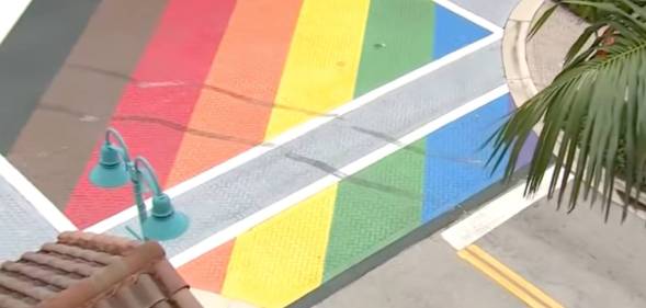 A picture of a rainbow-coloured Pride street design in Florida that was vandalised after Alexander Jerich burned tire marks into it. He has now been told by the court to write an essay about the Pulse nightclub shooting as a result of the vandalism