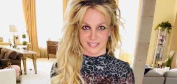 Britney Spears poses in a metallic dress