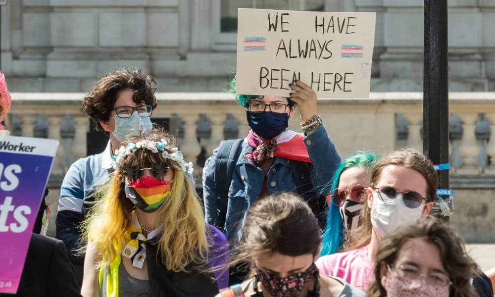 LGBTQ+ protesters have demanded reforms to trans healthcare, legal recognition for non-binary people and ban on pseudoscientific conversion therapies in the UK