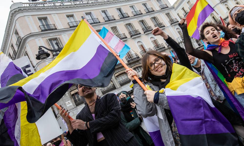 People hold up and wear non-binary flags with a trans flag seen in the background