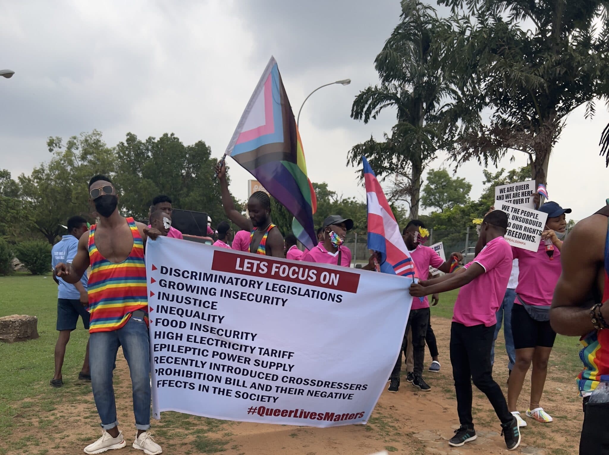 LGBT+ people staged a protest against a reviled bill that would ban "crossdressing" in Nigeria. 