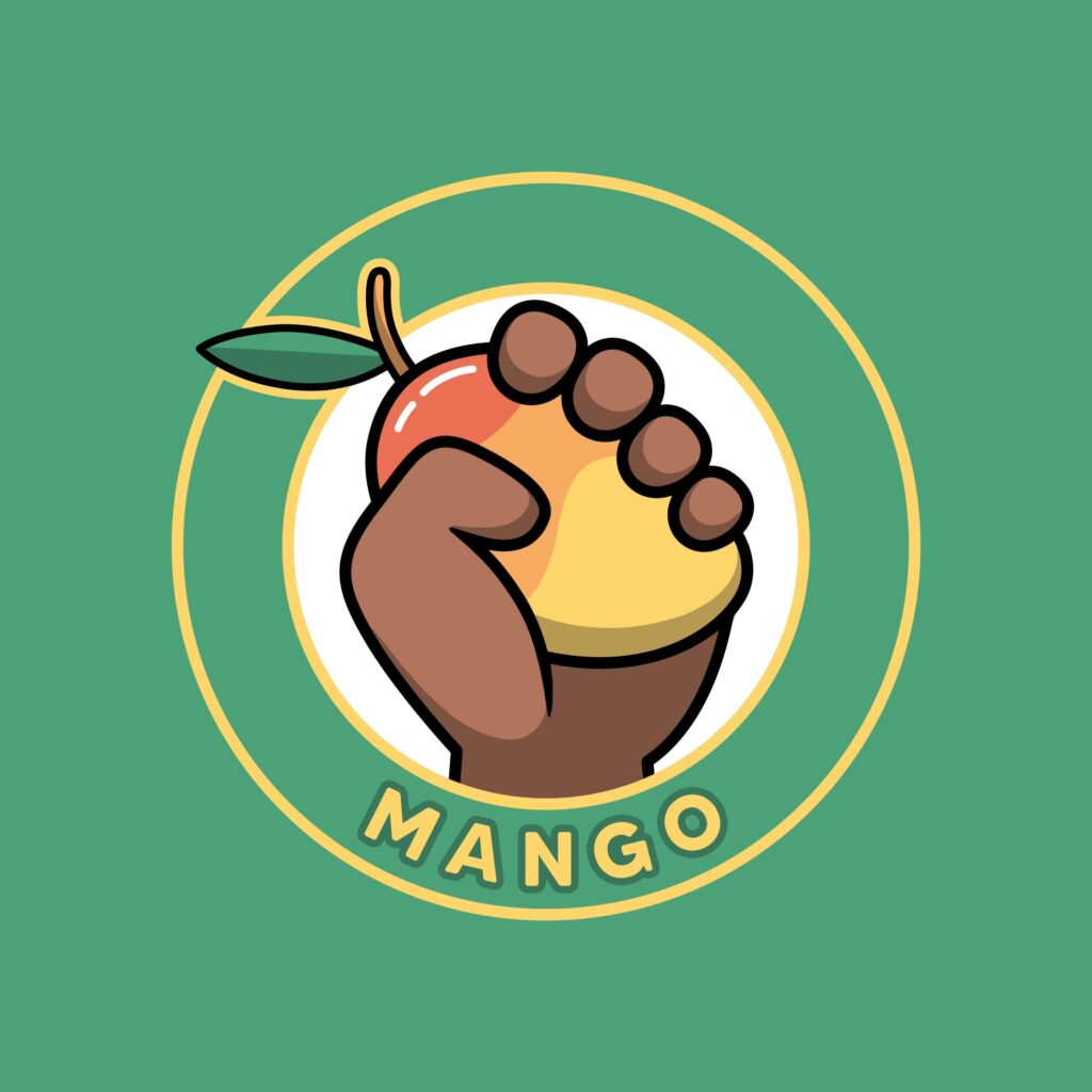 A drawing of a hand holding a mango with the word mango underneath which is an icon for a trans youth activism programme created by Mermaids