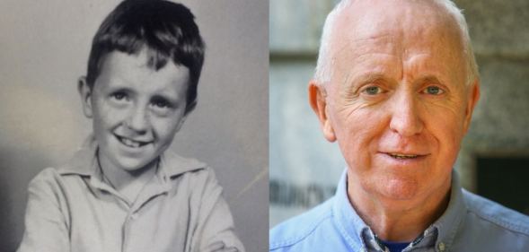 Patrick Sandford pictured at the age of 9 (L) when his primary school teacher first started sexually abusing him, and Patrick pictured on the right in the present day.