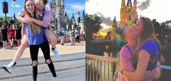 Side by side images of JoJo Siwa and Kylie Prew embracing each other while on a trip to Disney