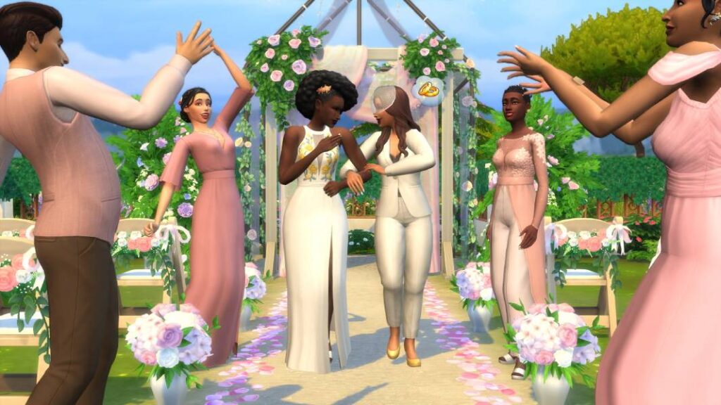 Two female presenting Sims walk down the aisle in a wedding venue in an expansion pack for The Sims 4