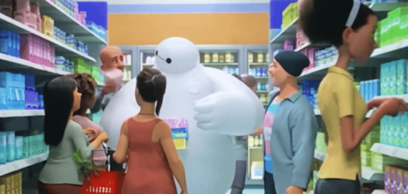 Baymax is surrounded by several people recommending period products