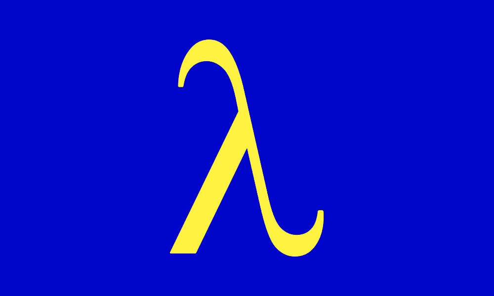 A yellow lambda sits atop a bold blue background