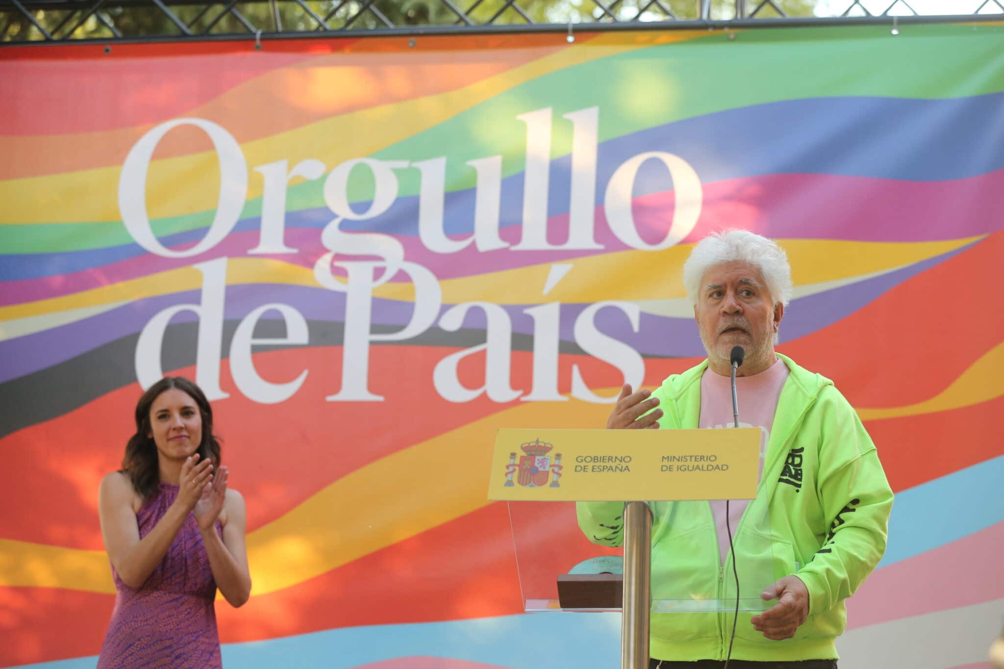 The film director Pedro Almodovar speaks during the II edition of the Rainbow Awards for the International LGTBI Pride Day 