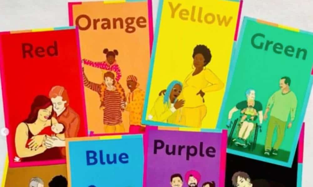 Several colourful LGBTQ+ themed flashcards are pictures that showcase different inclusive and diverse families that are depicted wearing clothes that correspond to the colour on the card