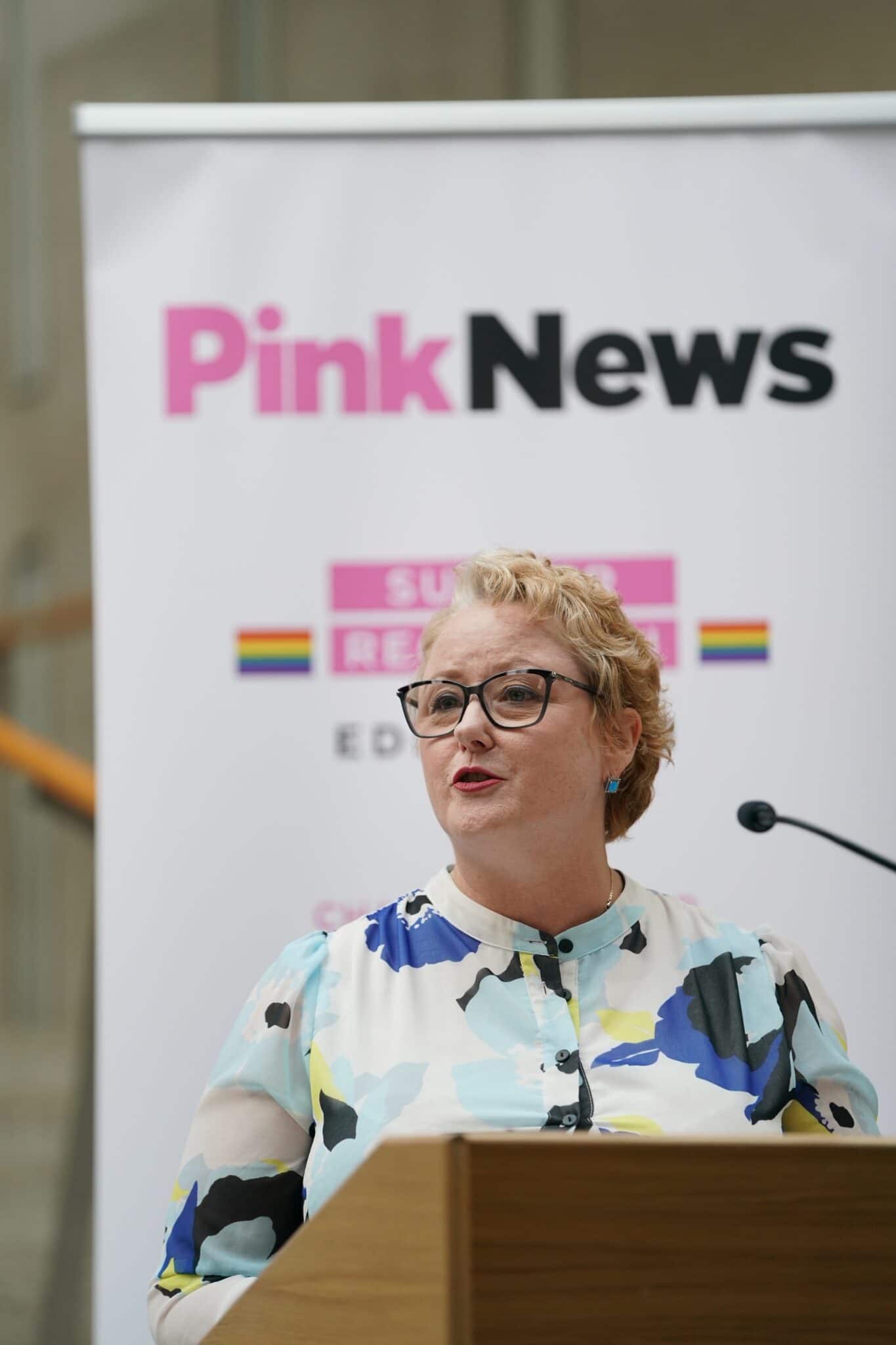 Christina McKelvie speaking at the PinkNews summer reception in Edinburgh. 