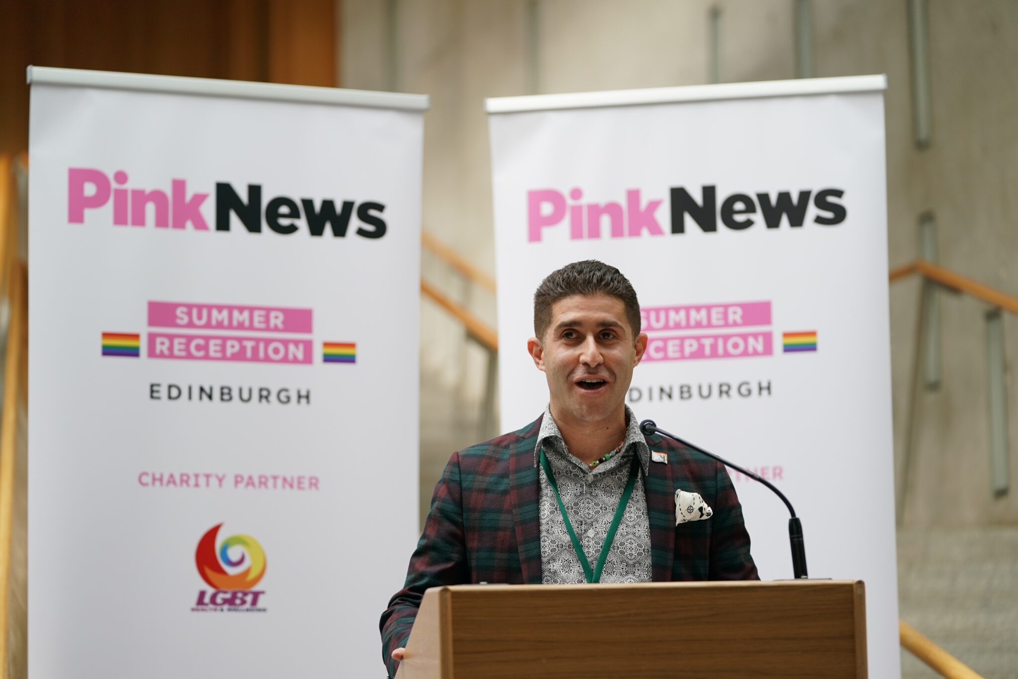 PinkNews CEO Benjamim Cohen speaking at the PinkNews summer reception in Edinburgh. 