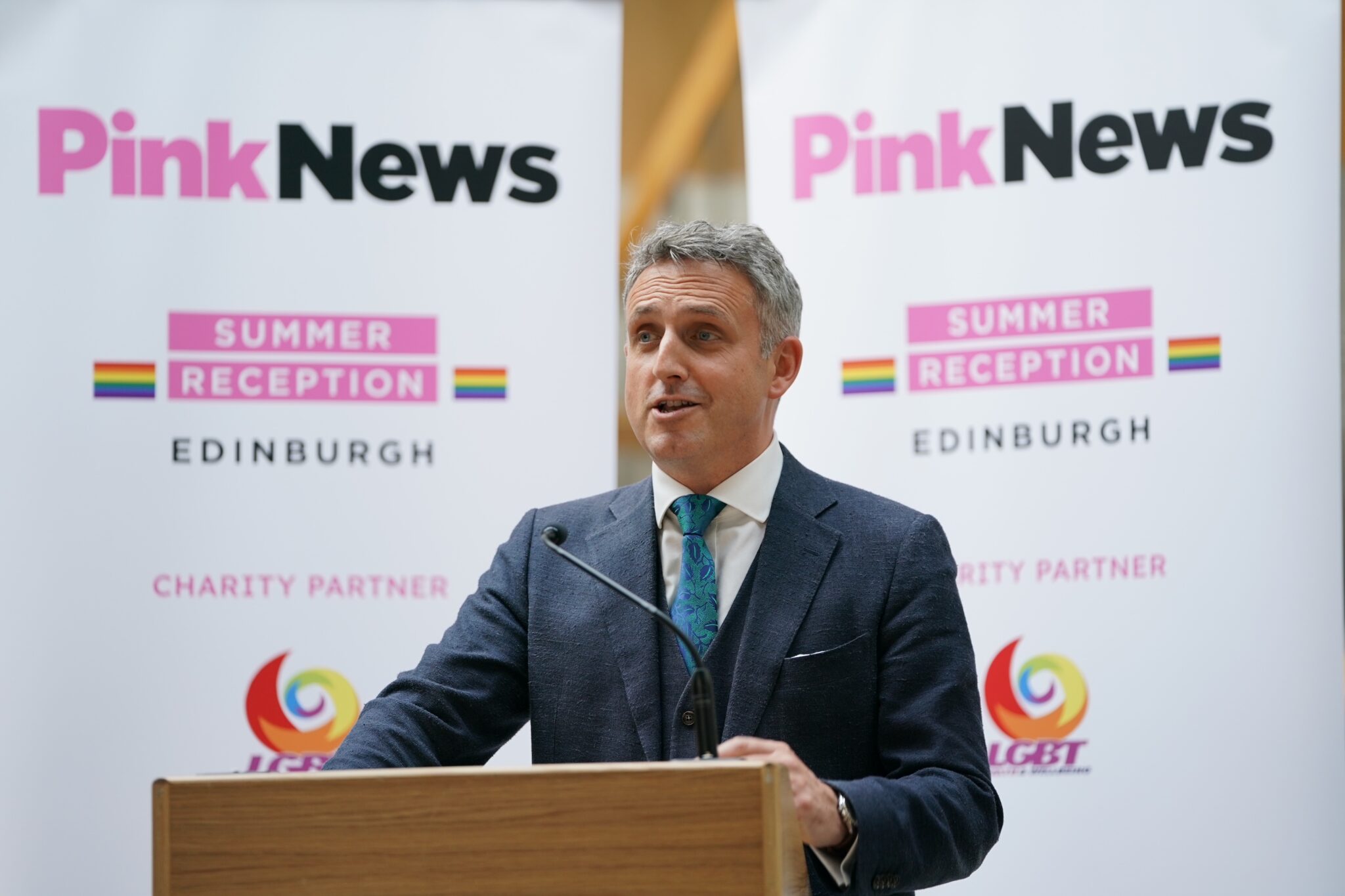 Alex Cole-Hamilton speaking at the Edinburgh PinkNews summer reception. 