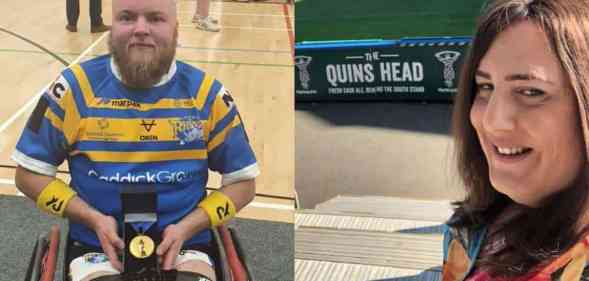 In the image on the left, Verity Smith wears a yellow and blue striped rugby jersey while seated in a wheelchair. He is holding a gold medal in a black box on his lap. In the image on the right, Emily Hamilton wears a floral patterned outfit as she stands in front of a rugby pitch with the words 'Quin's head' visible behind her