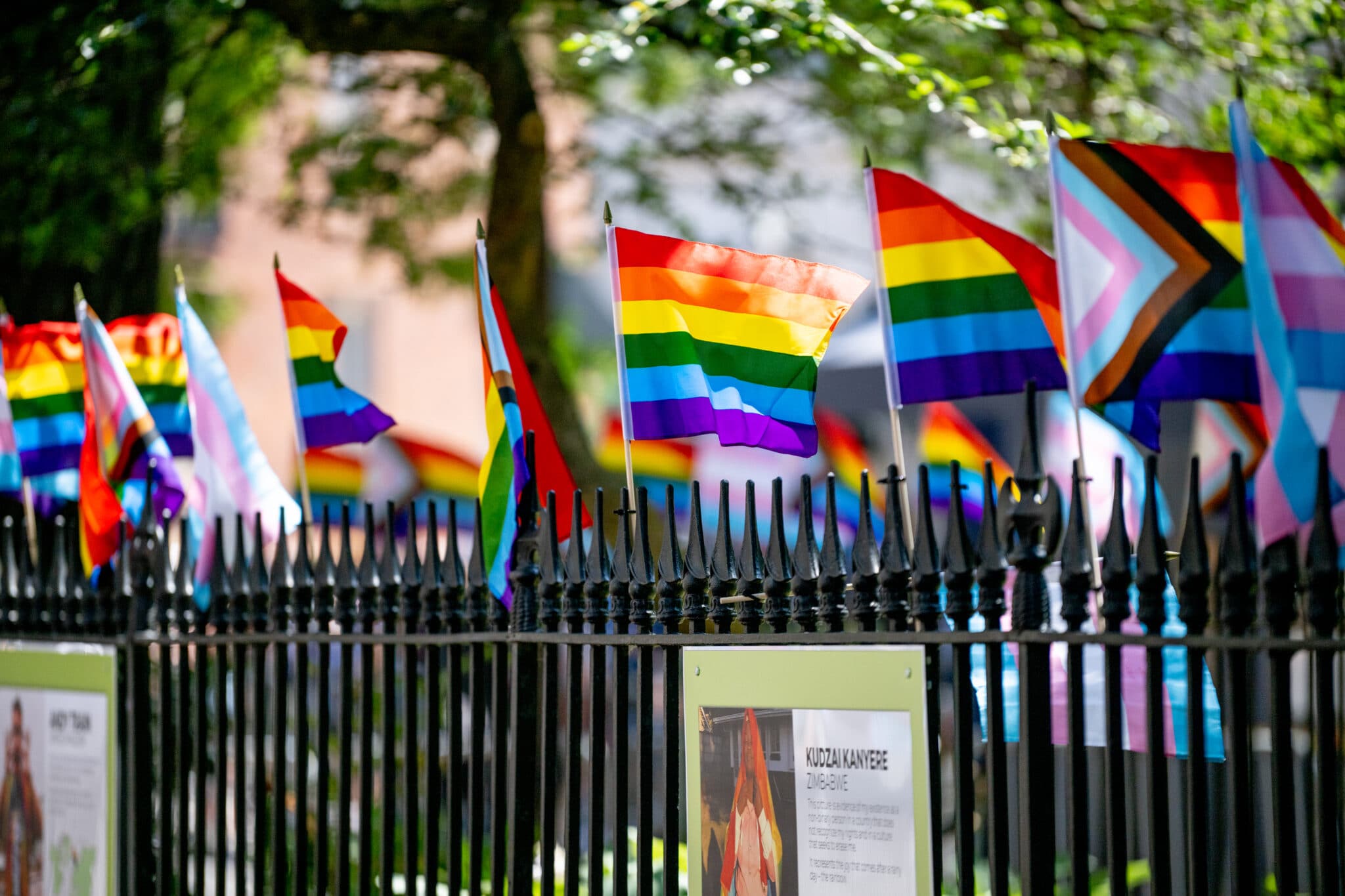 The Stonewall Monument is decorated with pride flags in front of the Stonewall Inn during the 2022 New York City Pride March on June 26, 2022 in New York City. 