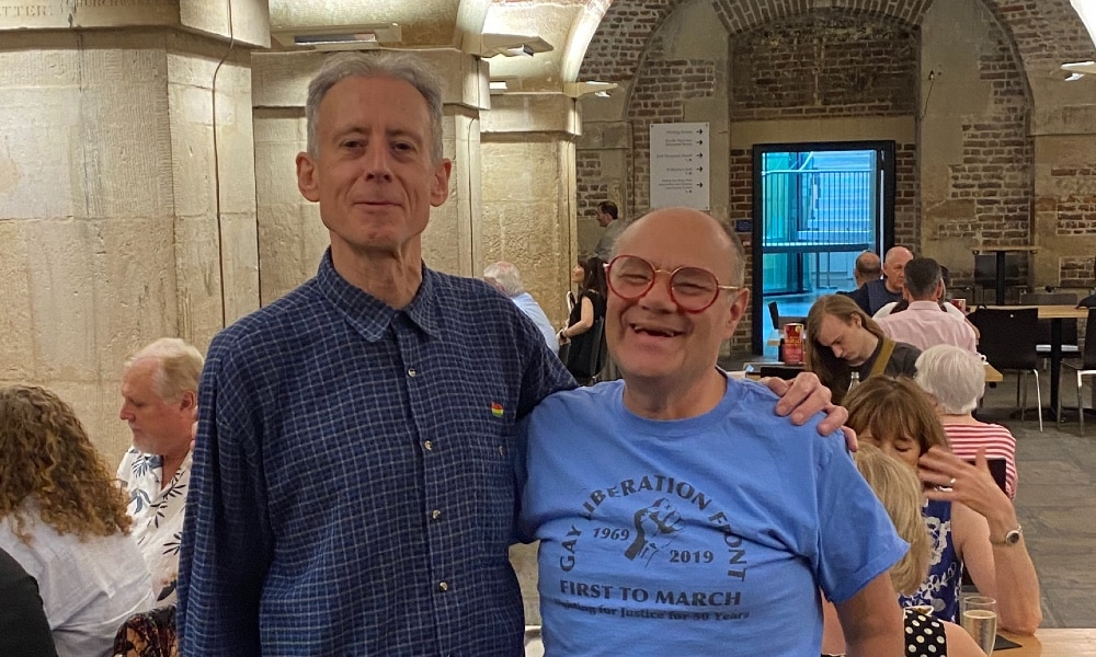 Mark Segal (R) meeting English LGBTQ+ rights activist Peter Tatchell for the first time.