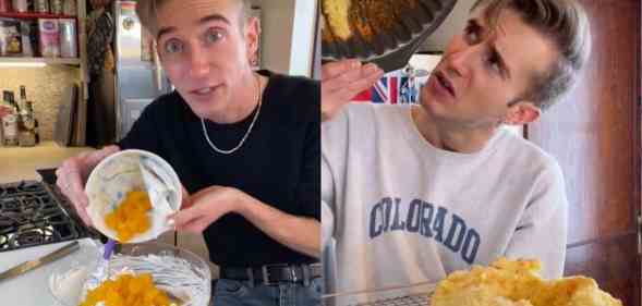 Side by side stills of B Dylan Hollis from his TikTok channel. In the image on the left, Hollis wears a black top and blue jeans as he holds up a bowl full of mandarin oranges above another bowl with a white mixture in it. In the image on the right, Hollis is wearing a grey sweatshirt with 'Colorado' written on it in blue lettering. He looking up to the left at an empty bundt pan with remnants of a cake that he is holding up in one hand. The cake is sitting on a wire cooling rack Hollis has in his other hand