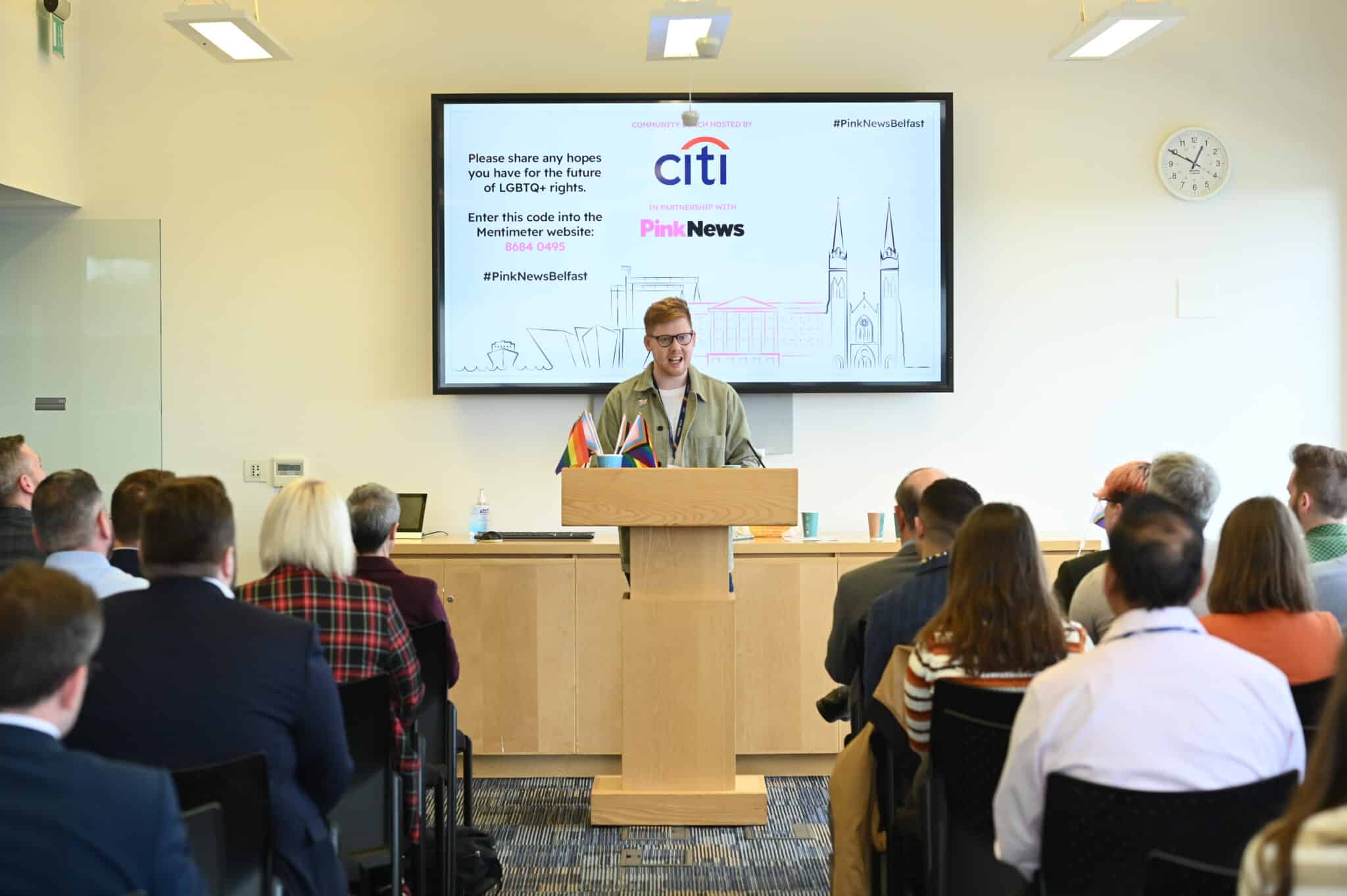 Odhrán Devlin of Citi speaking at a community lunch hosted by Citi in partnership with PinkNews.
